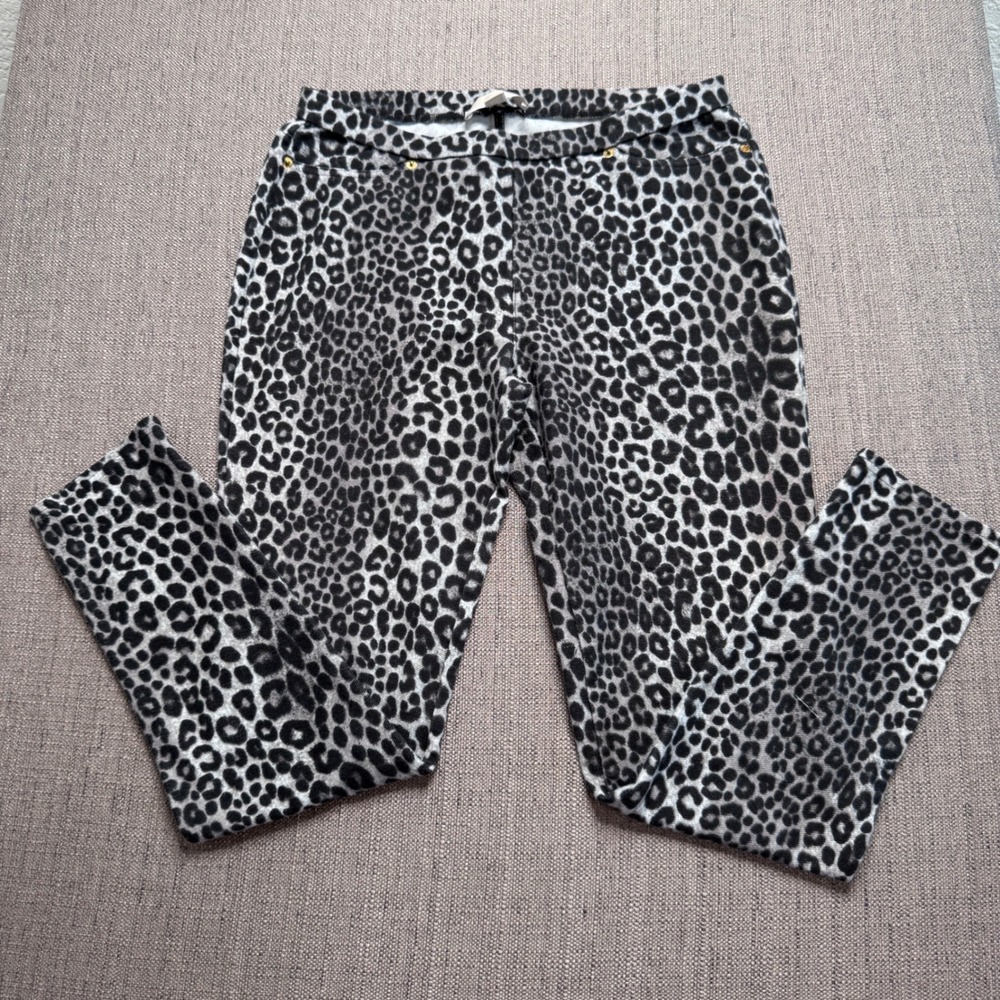 Michael Kors Womens Gray Black Leopard Print Skinny Pants Size M Gold Hardware - Picture 1 of 10